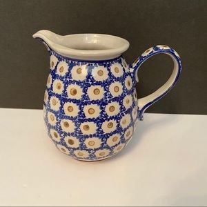 POLISH POTTERY VINTAGE PITCHER BLUE WHITE POLAND HANDMADE HOME DINING SERVEWARE
